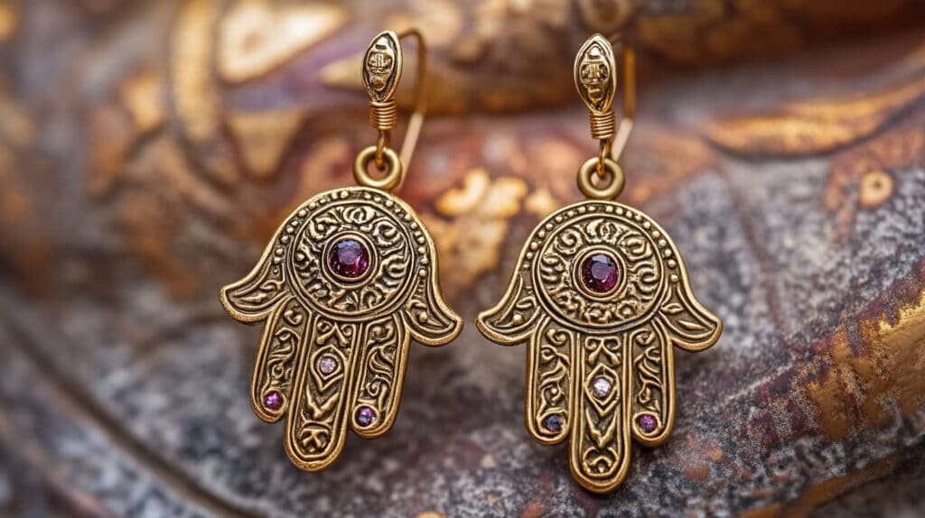 Gold Hamsa Hand earrings with red gemstones, symbolizing protection and good fortune, intricately detailed design