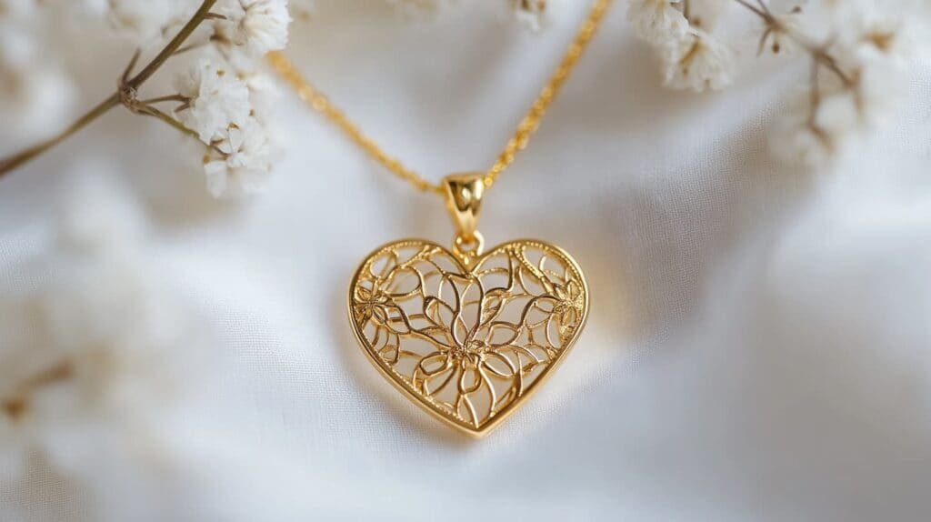 Elegant gold heart pendant with intricate floral design, symbolizing love and affection, placed on soft fabric with white flowers