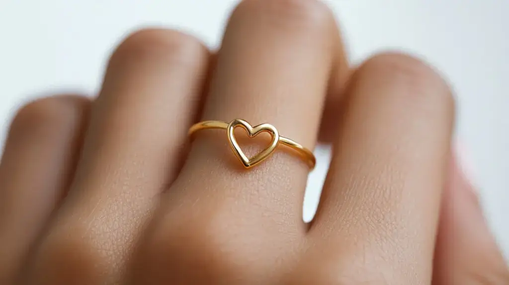 Close-up of a woman's hand wearing a gold heart-shaped ring, symbolizing love and simplicity.