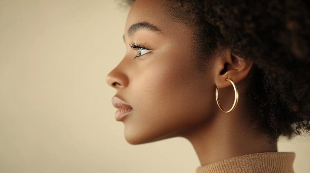 Profile view of a woman with a neutral skin tone wearing gold hoop earrings.