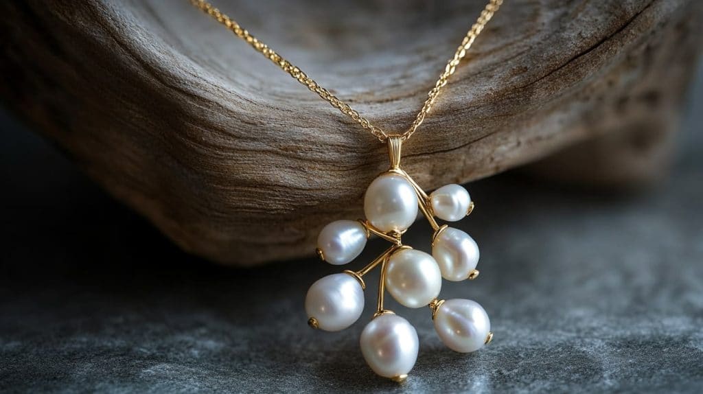 A gold pendant necklace featuring clustered pearls, styled with a natural wood background, emphasizing organic beauty.