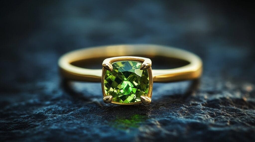 Elegant gold ring featuring a cushion-cut peridot gemstone, representing August's birthstone with its rich olive-green hue.