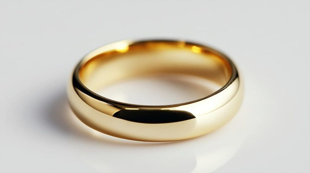 Highly polished gold ring displayed on a reflective white surface, highlighting its smooth and shiny finish.