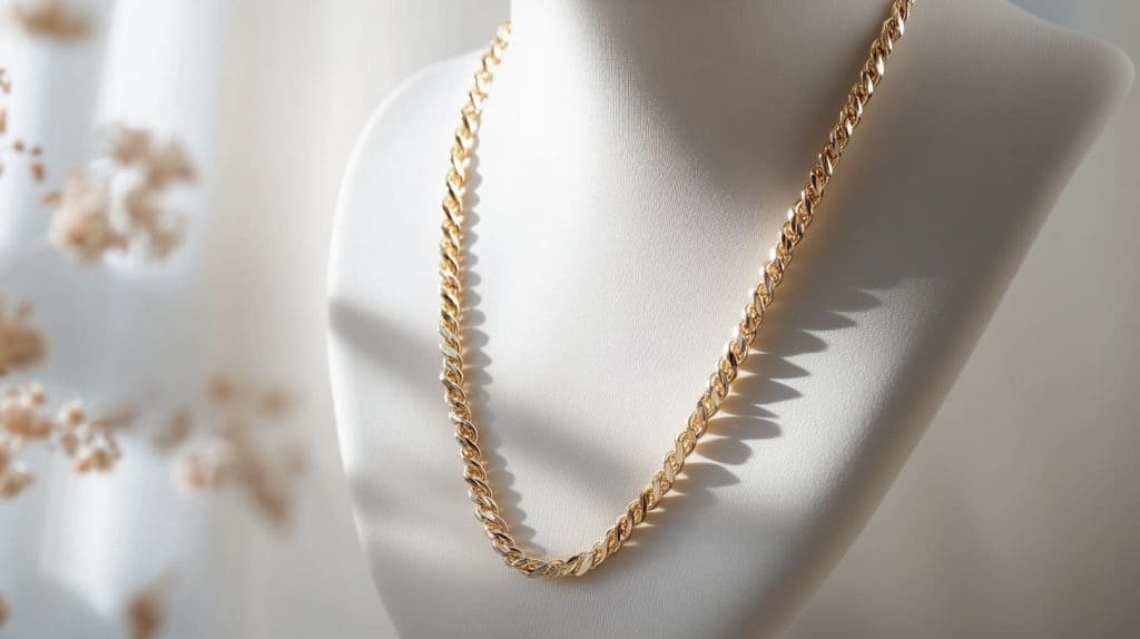 Gold rope chain necklace displayed on a white bust, showcasing its elegant design and medium length.