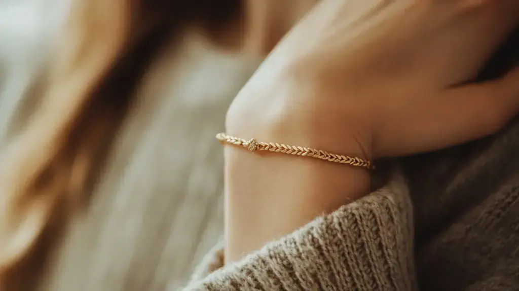Gold wheat chain bracelet worn on a wrist, showcasing a minimalist and stylish design.