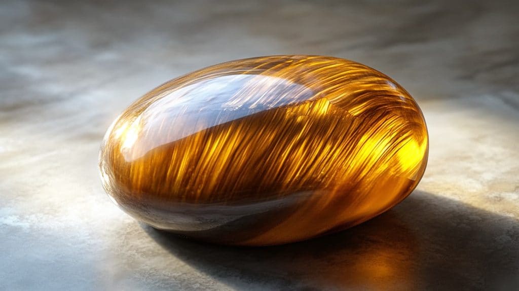 Classic Golden Tiger's Eye gemstone with rich honey-brown hues and a glowing chatoyant effect, illuminated by soft light.