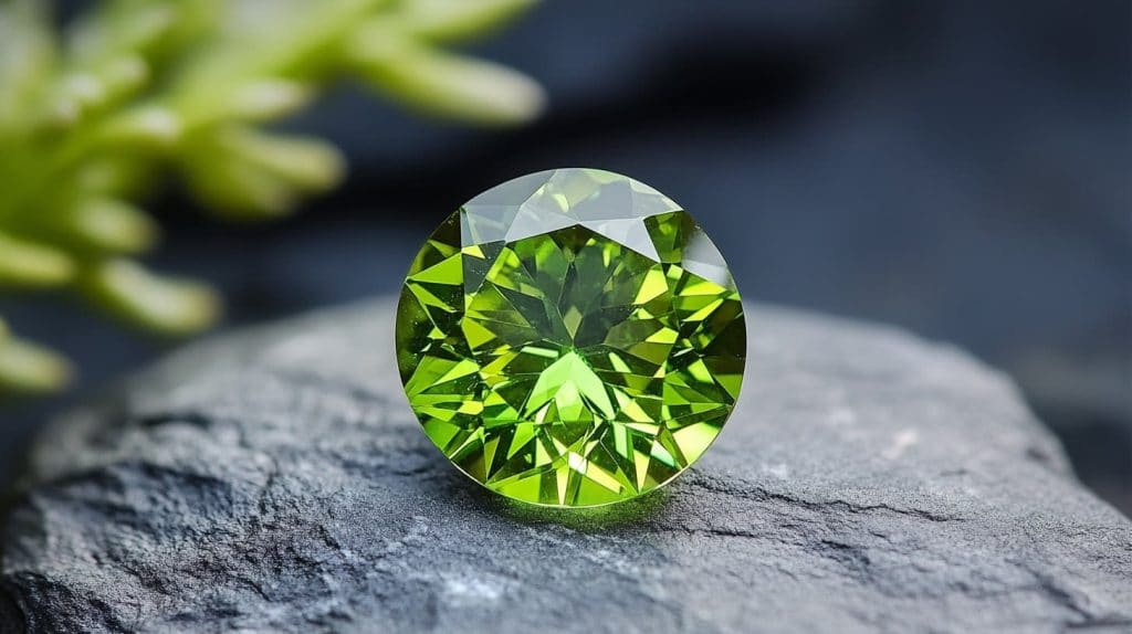 Close-up of a vibrant green tsavorite garnet resting on a textured stone background, showcasing its brilliance and precise faceting.