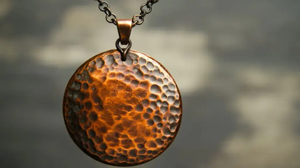 Copper necklace pendant with a hammered finish, featuring a textured surface with small, irregular indentations, adding an artisanal touch.