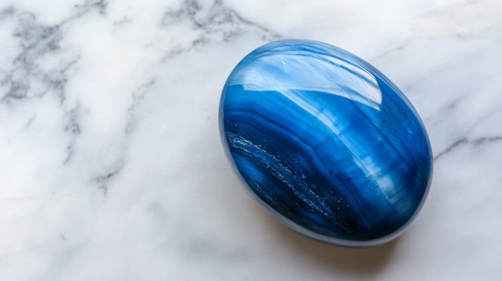 A polished Blue Tiger's Eye gemstone, also known as Hawk's Eye, featuring deep blue hues and a silky chatoyant effect on a marble background.
