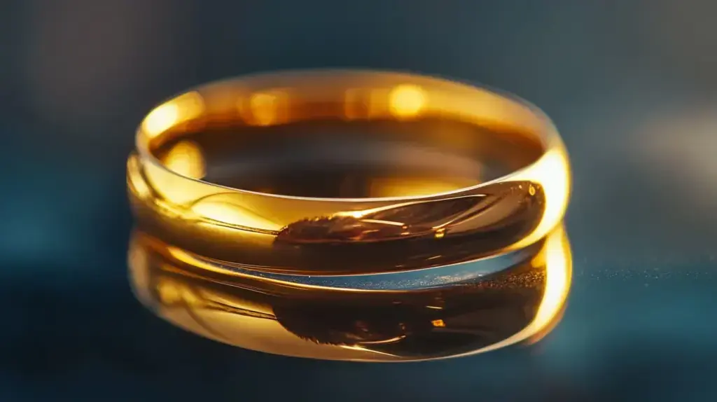 High polish gold ring with a shiny mirror-like finish, reflecting light brilliantly and showcasing a smooth, gleaming surface.