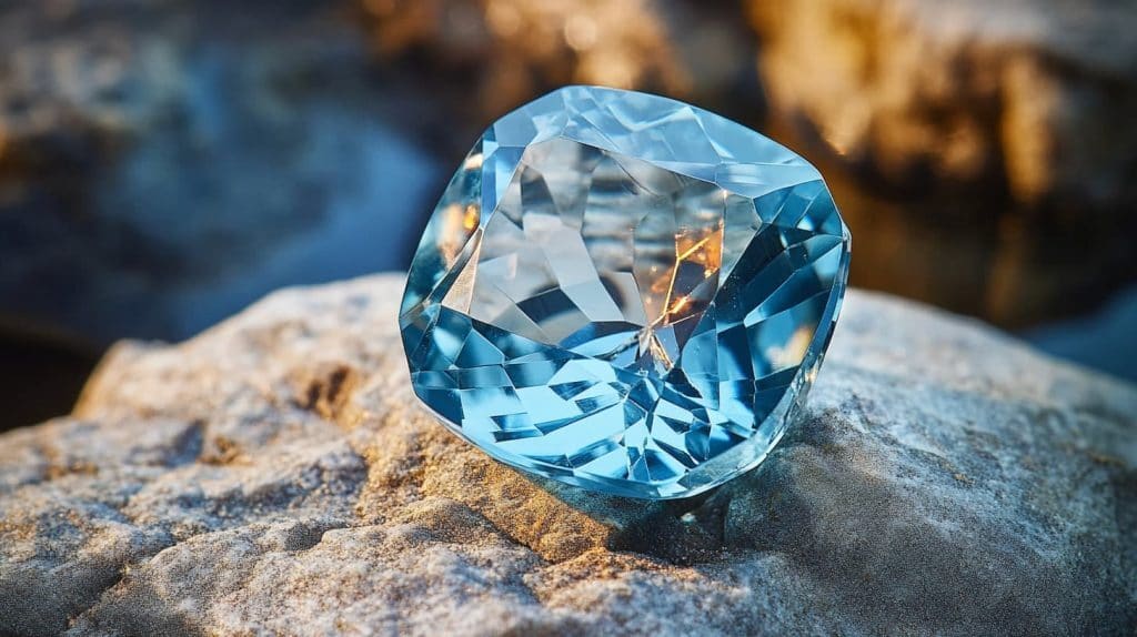 Faceted aquamarine gemstone resting on a natural rock surface, illuminated by warm sunlight.