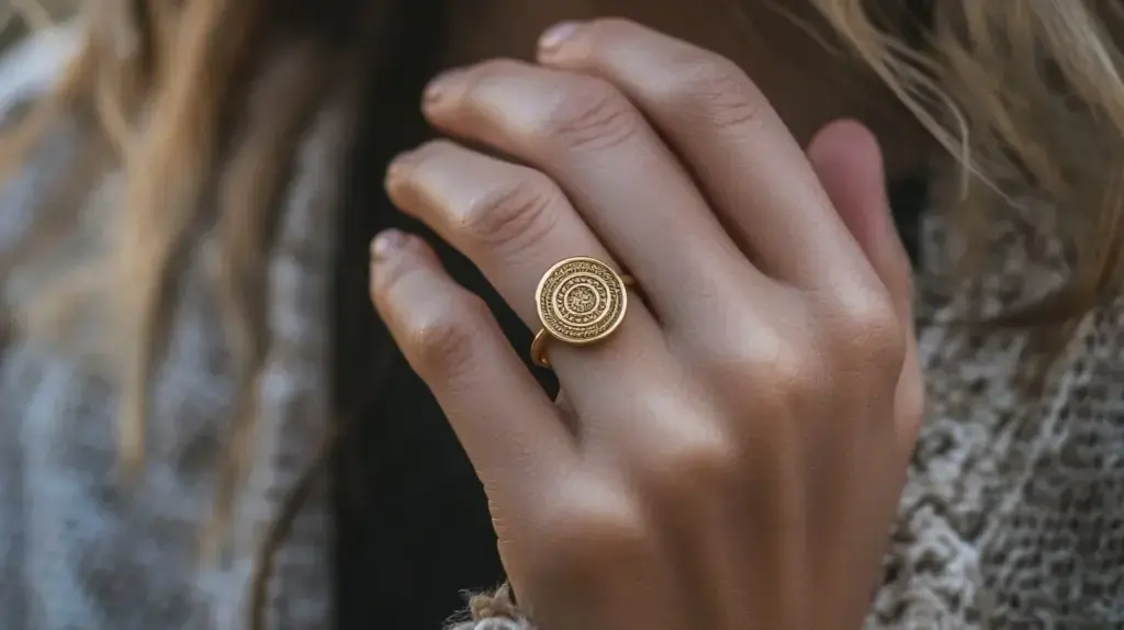 Hand wearing an intricate gold signet ring with a circular design, symbolizing wholeness and personal identity.