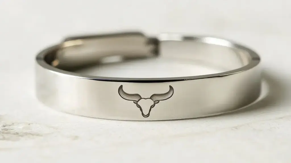 Minimalist silver bracelet with a subtle bull engraving, representing the Taurus zodiac sign and its qualities of resilience and patience.