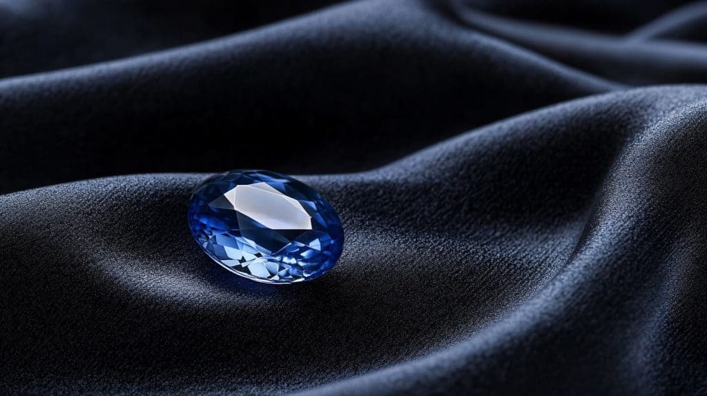 A polished oval-cut blue sapphire gemstone with rich blue color, elegantly displayed on dark textured fabric.
