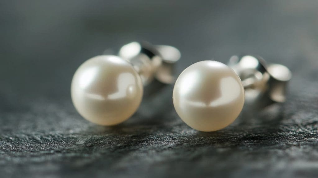 Close-up of elegant pearl stud earrings with silver backs, showcasing their smooth surface and natural luster.