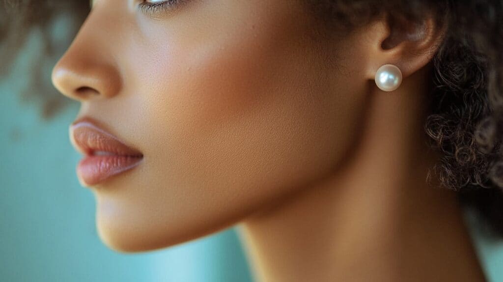 Close-up profile of a woman with a warm skin tone wearing pearl stud earrings.
