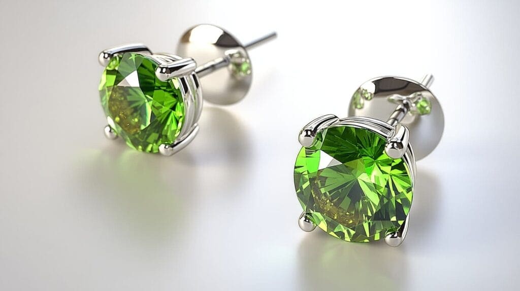 Pair of silver stud earrings with brilliant round-cut peridot stones, perfect for celebrating August birthdays.