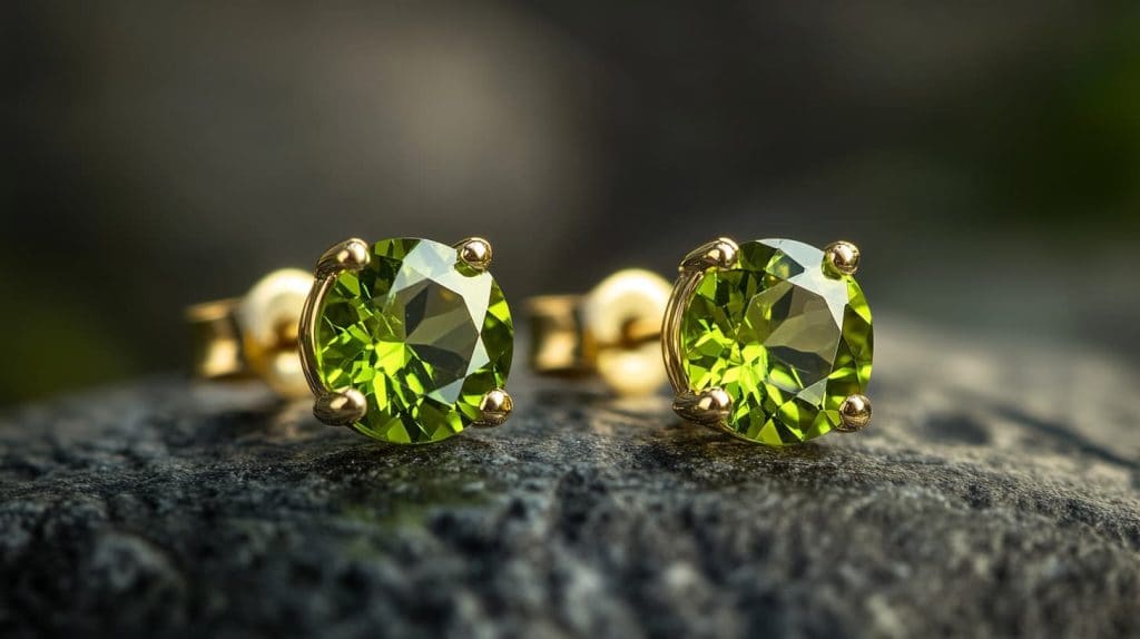 A pair of peridot stud earrings with vibrant green gemstones set in gold, placed on a textured stone surface for a natural and elegant look.