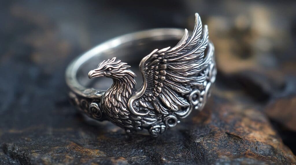 Intricate phoenix ring symbolizing rebirth and transformation, crafted with detailed wings in flight.