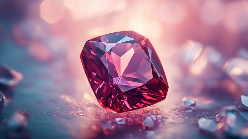 A stunning pink rhodolite garnet displayed with soft, glowing background lighting, emphasizing its vivid color and faceted brilliance.