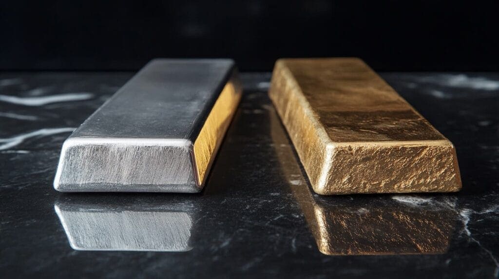 Platinum and gold bars side by side showing the silvery white color of platinum versus the golden yellow color of gold on dark marble surface