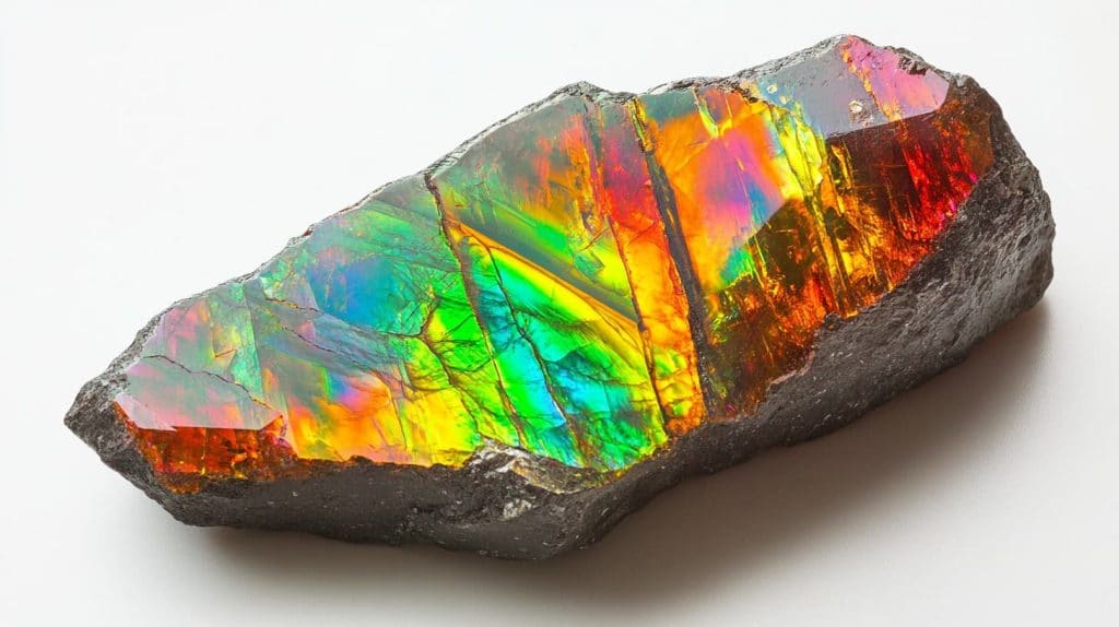 A raw ammolite specimen showing vibrant iridescent colors, including red, orange, green, and blue, with a natural rough matrix backing.