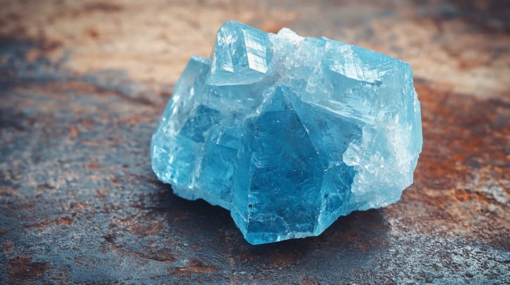 Raw aquamarine crystal with natural blue coloration, sitting on a weathered stone surface.
