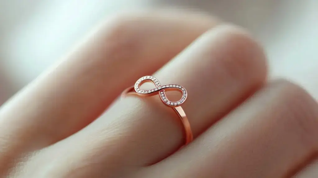 Rose gold infinity ring with diamond accents, symbolizing eternal love and endless possibilities, worn on a finger
