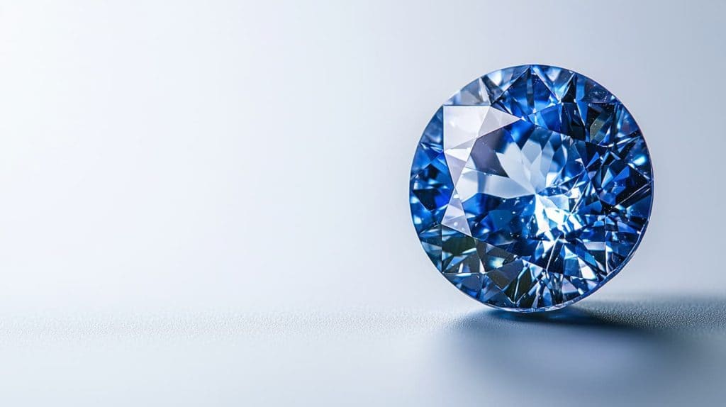 A round brilliant-cut blue sapphire gemstone with exceptional clarity and vibrant color, shown on a clean white surface.