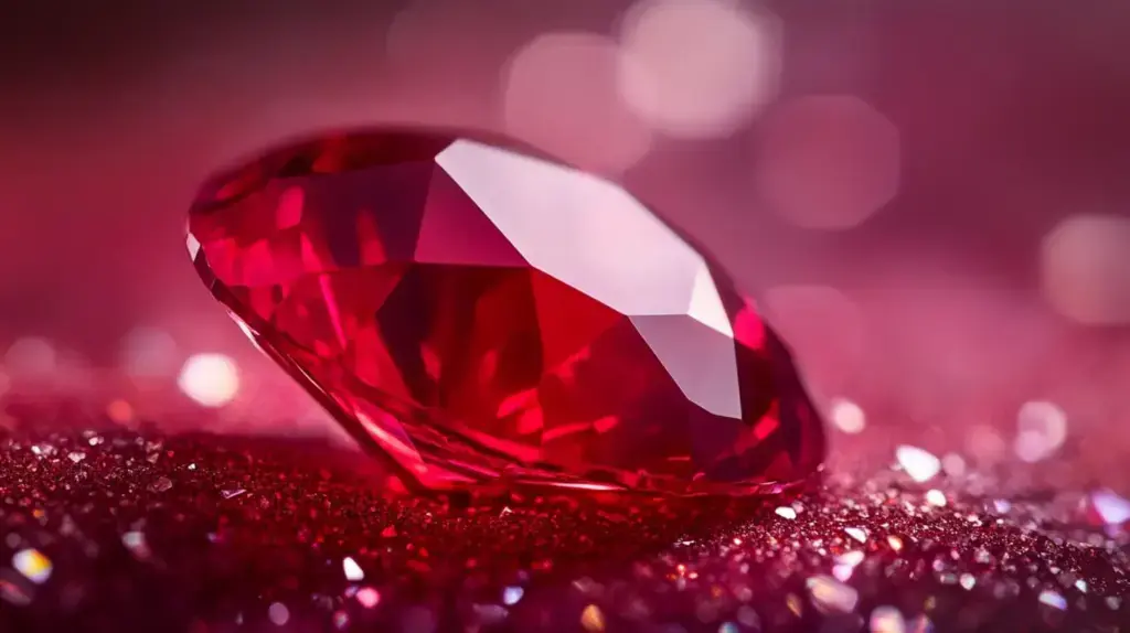 A ruby gemstone surrounded by pink flowers, emphasizing its historical symbolism of passion and love, revered in many cultures.