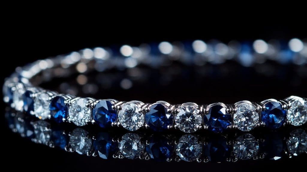 Close-up of a sapphire and diamond tennis bracelet reflecting light against a black background, showcasing elegant craftsmanship and vibrant blue gemstones.
