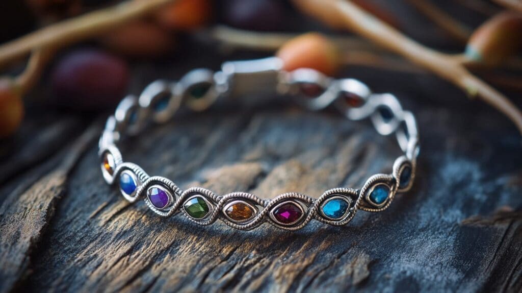 Silver bracelet adorned with colorful gemstones placed on a wooden surface.