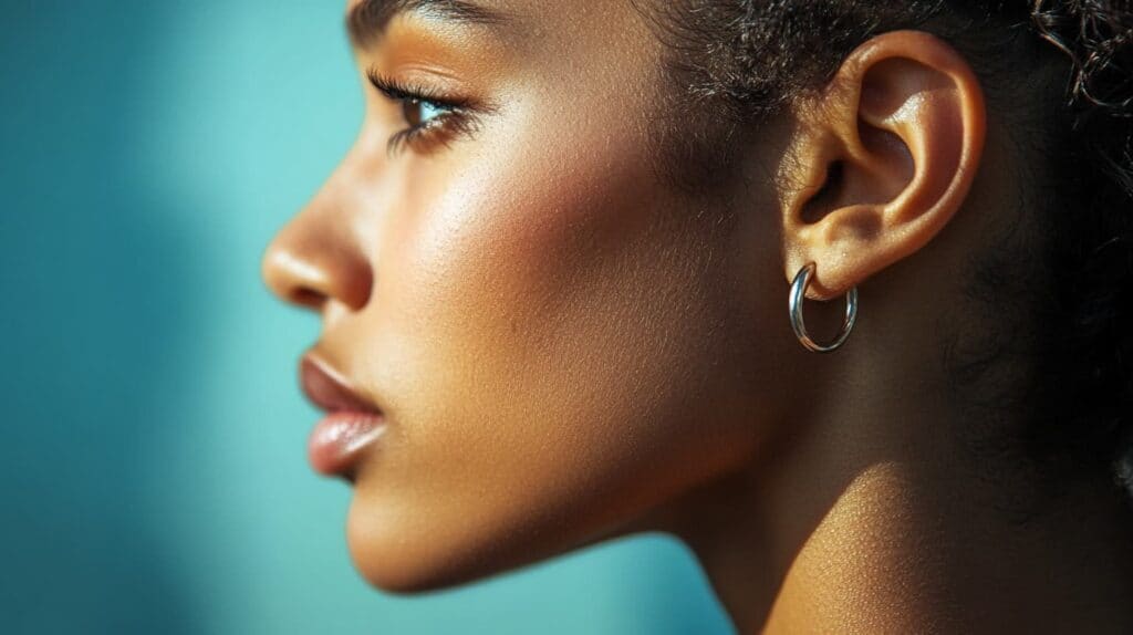 Profile view of a woman with a warm skin tone wearing silver hoop earrings.