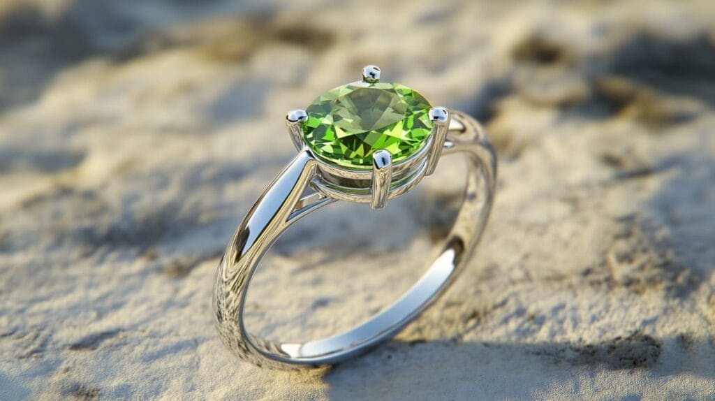 Silver ring with a round-cut peridot gemstone, showcasing the vibrant green color of August's birthstone.