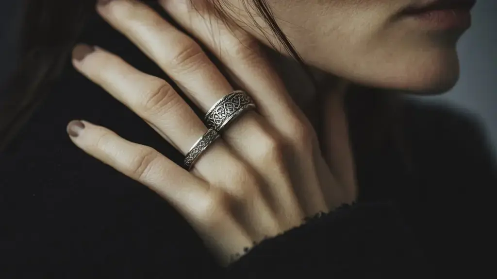 Close-up of hand wearing silver engraved rings with intricate designs.