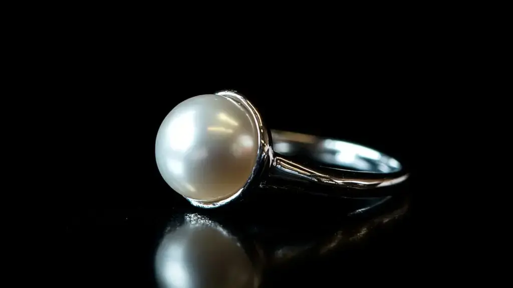 Single pearl ring on black background, symbolizing simplicity, elegance, and personal growth.
