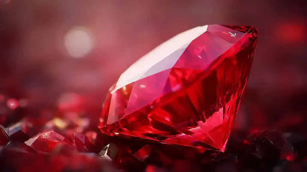 A sparkling ruby gemstone with light reflections, highlighting its durability with a hardness of 9 on the Mohs scale, suitable for everyday wear.