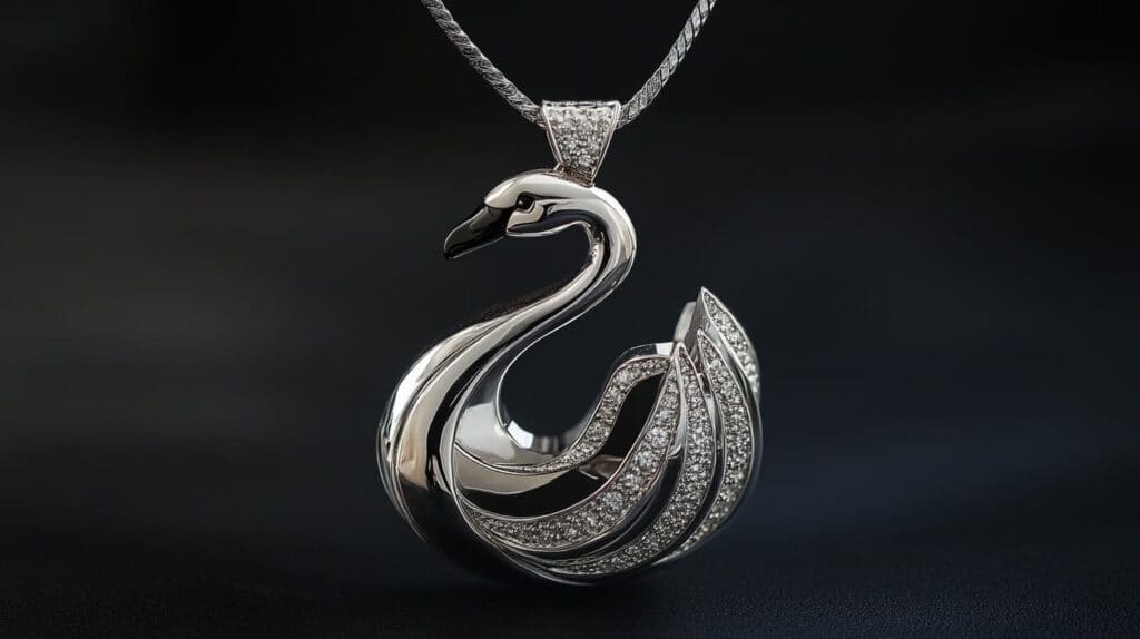 Elegant swan-shaped necklace symbolizing grace, loyalty, and true love, adorned with diamonds.