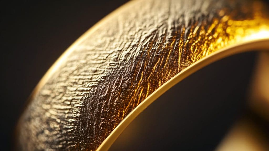 Close-up of a textured yellow gold surface, showcasing its intricate design and warm metallic sheen under light.