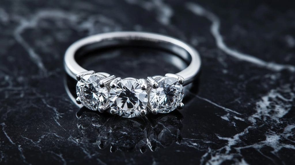 Three-stone diamond ring on a polished black marble surface, symbolizing timeless elegance and commitment.