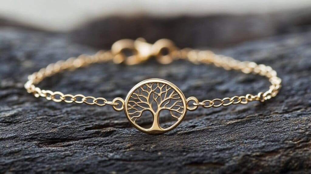 Minimalist gold Tree of Life bracelet, symbolizing unity, growth, and balance in life.