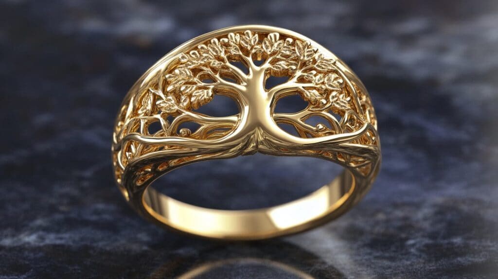 Detailed gold Tree of Life ring, representing personal growth, wisdom, and connection to nature.