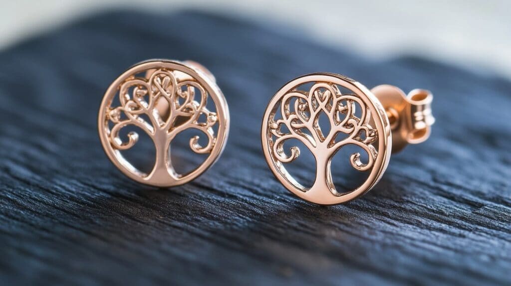 Elegant rose gold Tree of Life earrings with intricate design, symbolizing harmony and family connections.
