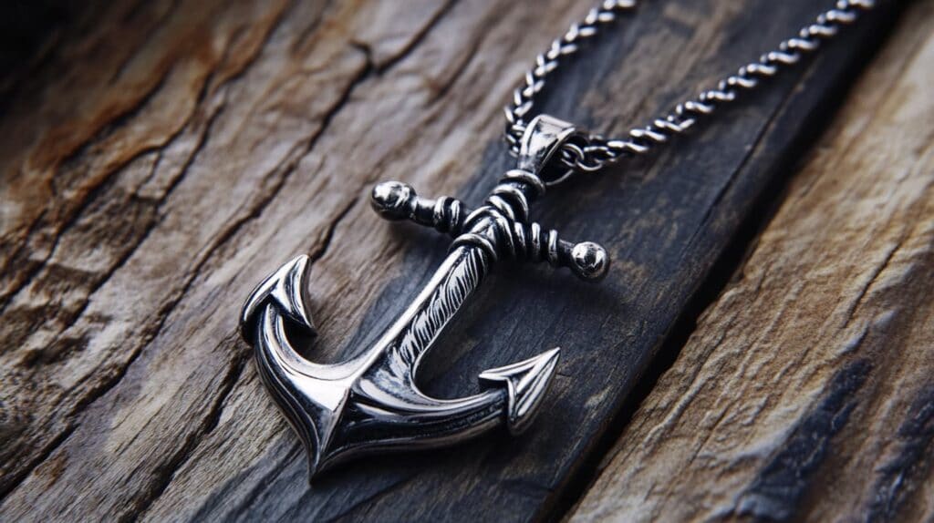 Vintage-style anchor pendant on a silver chain, laid on an aged wooden surface, representing stability and hope
