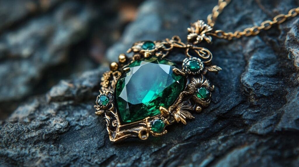 Close-up of a vintage emerald pendant with intricate antique gold setting, symbolizing the timeless allure of May's birthstone.