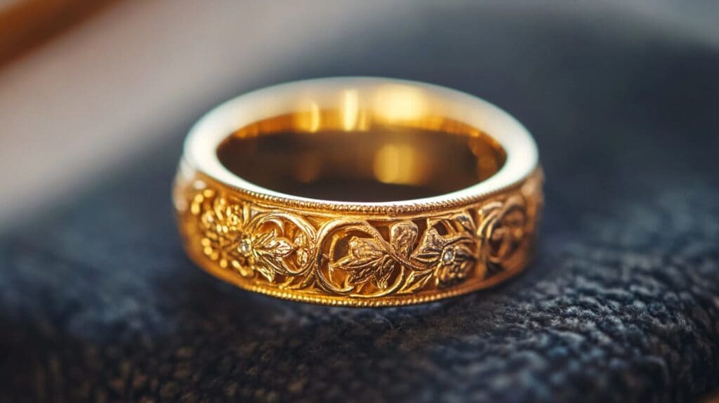 Vintage-inspired gold ring featuring intricate floral patterns engraved on the band