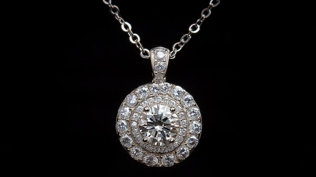 Elegant white gold pendant necklace featuring a halo design with a central round-cut diamond surrounded by smaller diamonds, displayed on a delicate chain.