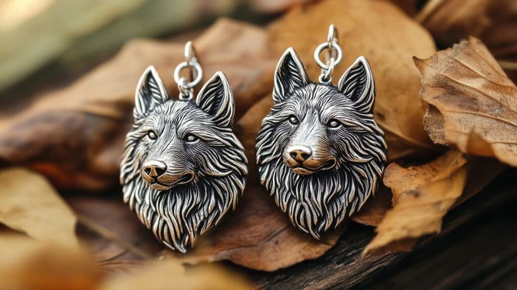Pair of wolf head earrings set against autumn leaves, representing loyalty, wisdom, and connection to nature.