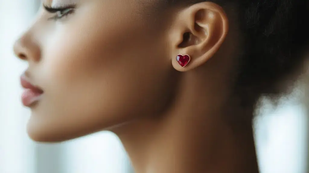 Close-up of a woman wearing a heart-shaped ruby earring, symbolizing love and elegance.
