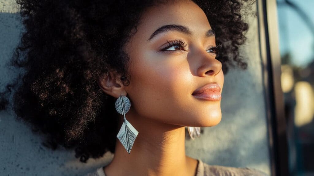 Close-up of a woman wearing silver arrow earrings, symbolizing strength, courage, and resilience.